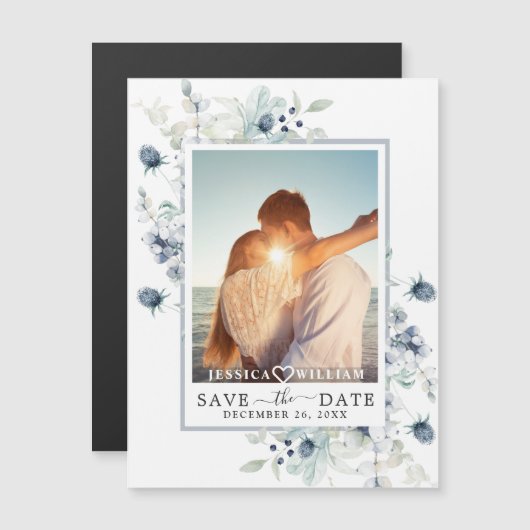 Dusty Blue PHOTO Save the Date Magnetische Kaart (Voorkant / Achterkant)