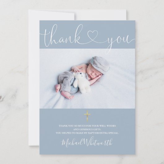 Dusty Blue Photo Signature Script Baptisme Heart Bedankkaart (Voorkant)