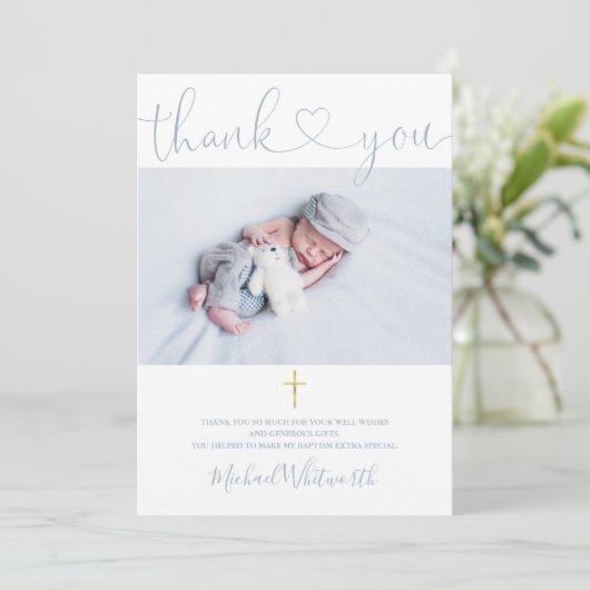 Dusty Blue Photo Signature Script Baptisme Heart Bedankkaart (Staand voorkant)