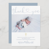 Dusty Blue Photo Signature Script Baptisme Heart Bedankkaart (Voorkant / Achterkant)