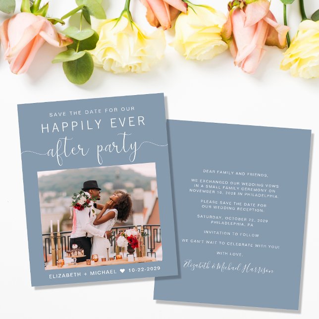 Dusty Blue Photo Wedding Reception Save the Date (Creator heeft geüpload)