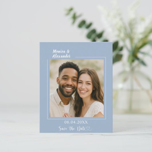 Dusty blue photo wedding Save the Date card (Staand voorkant)
