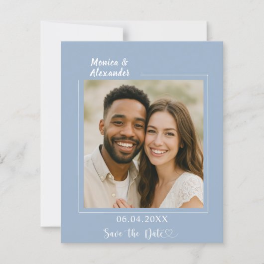 Dusty blue photo wedding Save the Date card (Voorkant)