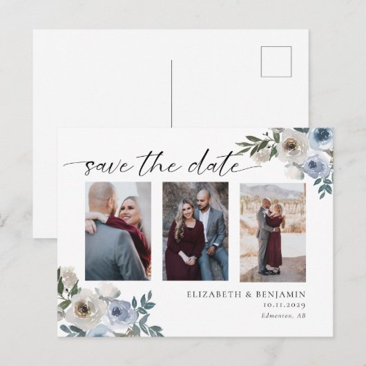 Dusty Blue Photo Wedding Save the Date Elegant Aankondigingskaart (Voorkant / Achterkant)
