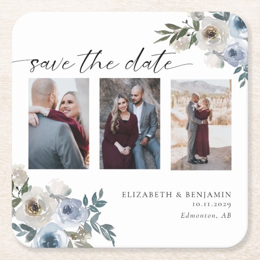 Dusty Blue Photo Wedding Save the Date Elegant Kartonnen Onderzetters (Voorkant)