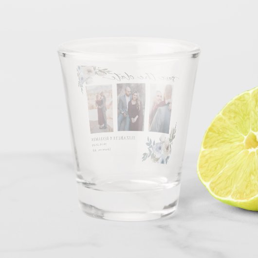 Dusty Blue Photo Wedding Save the Date Elegant Shot Glas (Achterkant)