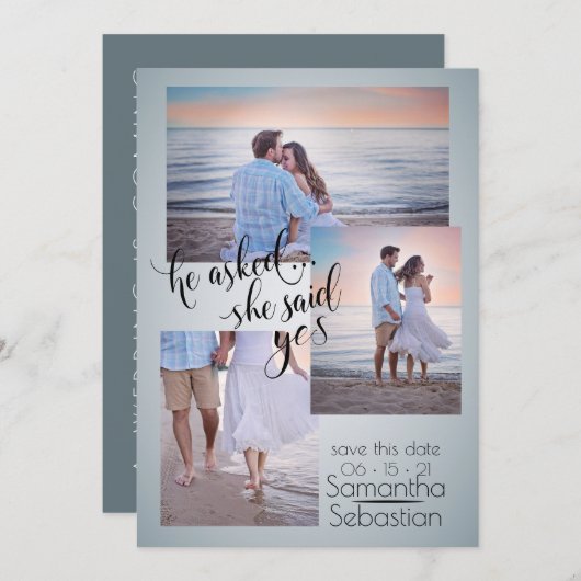 Dusty Blue Photo Ze zei ja sparen de datum Kaart (Voorkant / Achterkant)