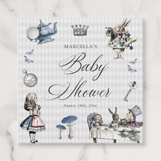 Dusty Blue & Pink Alice in Wonderland Baby shower Bedankjes Labels (Voorkant)