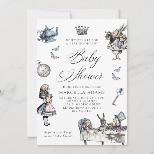 Dusty Blue & Pink Alice in Wonderland Baby shower Kaart (Voorkant)