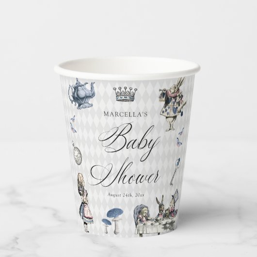 Dusty Blue & Pink Alice in Wonderland Baby shower Papieren Bekers (Voorkant)