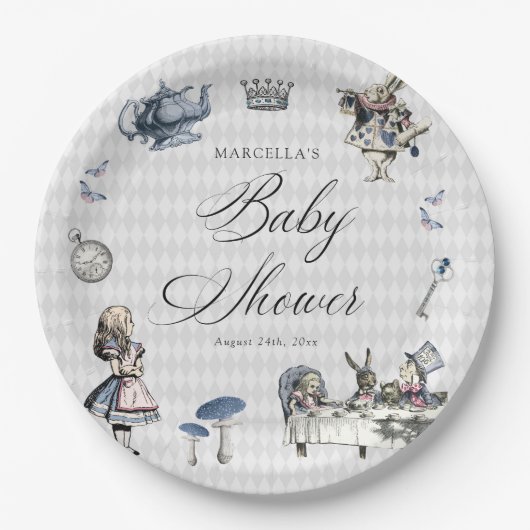 Dusty Blue & Pink Alice in Wonderland Baby shower Papieren Bordje (Voorkant)