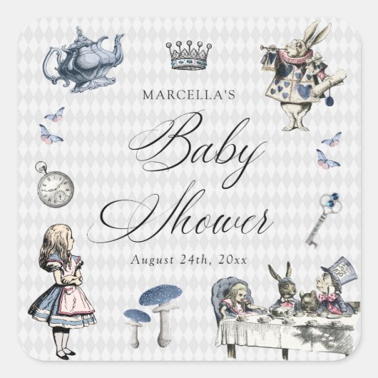 Dusty Blue & Pink Alice in Wonderland Baby shower Vierkante Sticker (Voorkant)