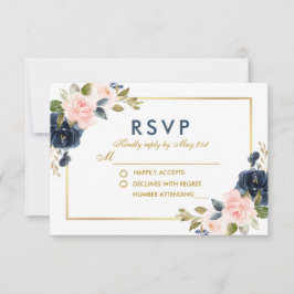 Dusty Blue Pink Blush Bloemen Bruiloft Goud RSVP