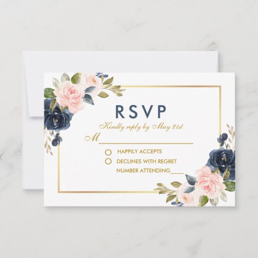 Dusty Blue Pink Blush Bloemen Bruiloft Goud RSVP (Voorkant)