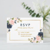 Dusty Blue Pink Blush Bloemen Bruiloft Goud RSVP (Staand voorkant)