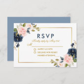 Dusty Blue Pink Blush Bloemen Bruiloft Goud RSVP (Voorkant / Achterkant)