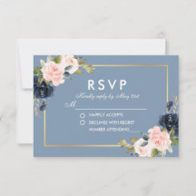 Dusty Blue Pink Blush Bloemen Goud Bruiloft RSVP