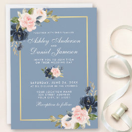 Dusty Blue Pink Blush Floral Gold Lijst Wedding Kaart