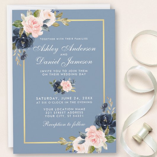 Dusty Blue Pink Blush Floral Gold Lijst Wedding Kaart