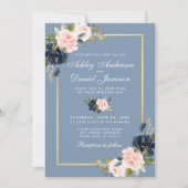 Dusty Blue Pink Blush Floral Gold Lijst Wedding Kaart (Voorkant)