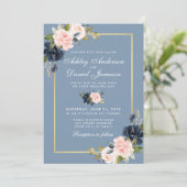 Dusty Blue Pink Blush Floral Gold Lijst Wedding Kaart (Staand voorkant)