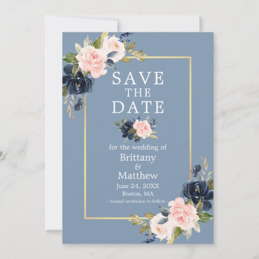 Dusty Blue Pink Blush Floral Gold Save the Date (Voorkant)