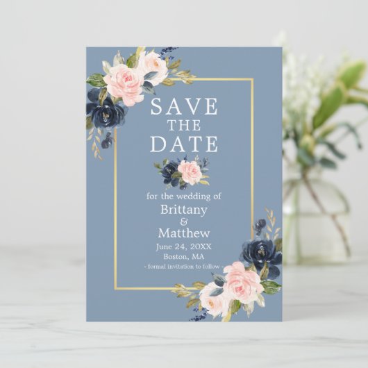 Dusty Blue Pink Blush Floral Gold Save the Date (Staand voorkant)