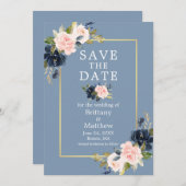 Dusty Blue Pink Blush Floral Gold Save the Date (Voorkant / Achterkant)