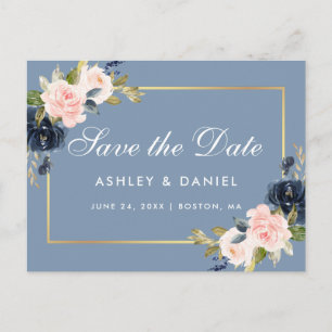 Dusty Blue Pink Blush Floral Gold Save the Date Aankondigingskaart