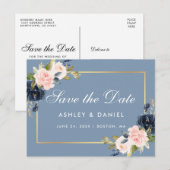 Dusty Blue Pink Blush Floral Gold Save the Date Aankondigingskaart (Voorkant / Achterkant)