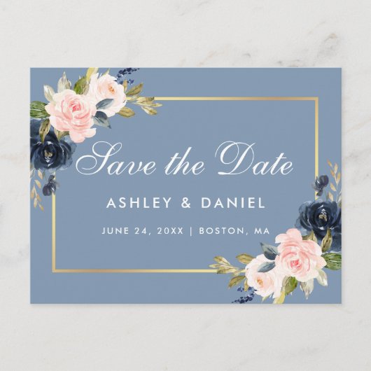 Dusty Blue Pink Blush Floral Gold Save the Date Aankondigingskaart (Voorkant)