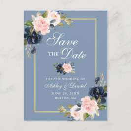 Dusty Blue Pink Blush Floral Gold Save the Date Aankondigingskaart