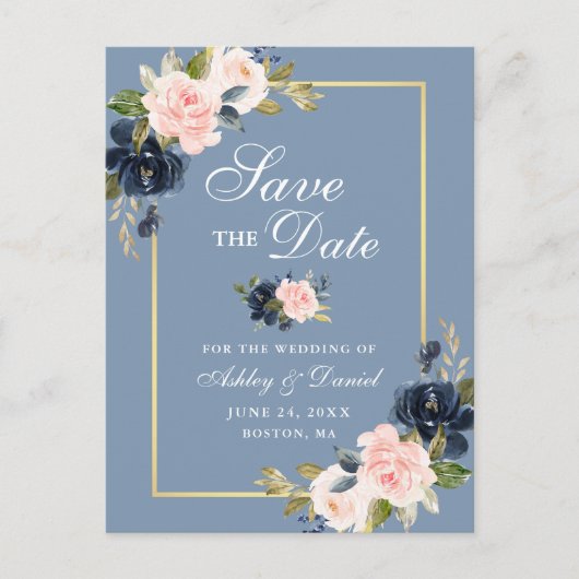 Dusty Blue Pink Blush Floral Gold Save the Date Aankondigingskaart (Voorkant)