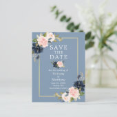Dusty Blue Pink Blush Floral Gold Save the Date Briefkaart (Staand voorkant)