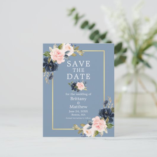Dusty Blue Pink Blush Floral Gold Save the Date Briefkaart (Staand voorkant)