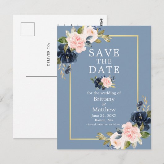 Dusty Blue Pink Blush Floral Gold Save the Date Briefkaart (Voorkant / Achterkant)