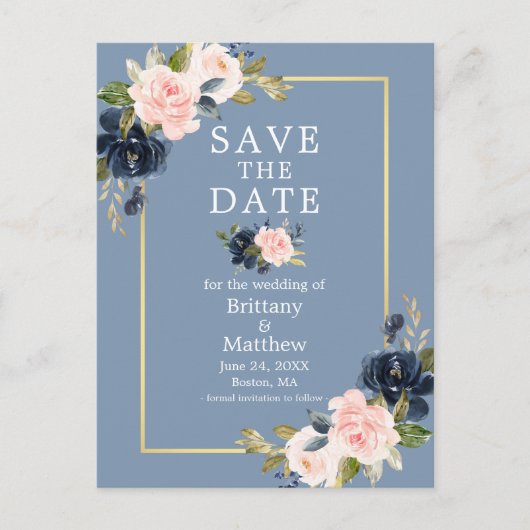 Dusty Blue Pink Blush Floral Gold Save the Date Briefkaart (Voorkant)