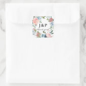 Dusty Blue & Pink Blush Floral Monogram - Wit Vierkante Sticker (Tas)