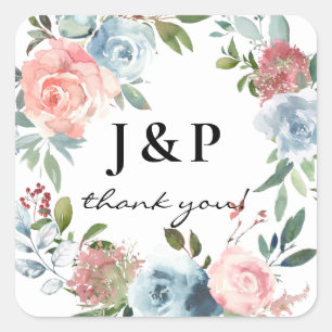 Dusty Blue & Pink Blush Floral Monogram - Wit Vierkante Sticker