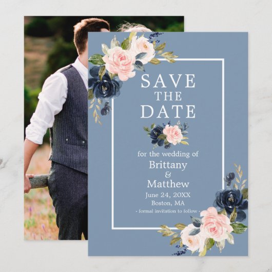Dusty Blue Pink Blush Floral Photo Bewaar de datum Save The Date (Voorkant / Achterkant)