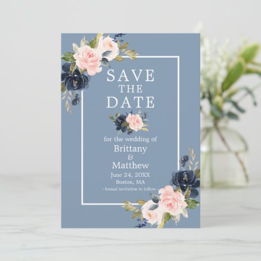 Dusty Blue Pink Blush Floral Save the Date (Staand voorkant)
