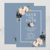 Dusty Blue Pink Blush Floral Save the Date (Voorkant / Achterkant)