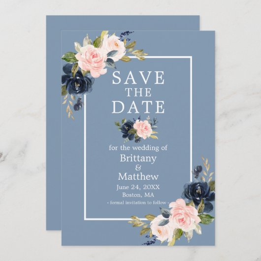 Dusty Blue Pink Blush Floral Save the Date (Voorkant / Achterkant)