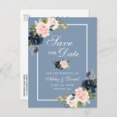 Dusty Blue Pink Blush Floral Save the Date Aankondigingskaart (Voorkant / Achterkant)