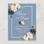 Dusty Blue Pink Blush Floral Save the Date Aankondigingskaart (Voorkant)