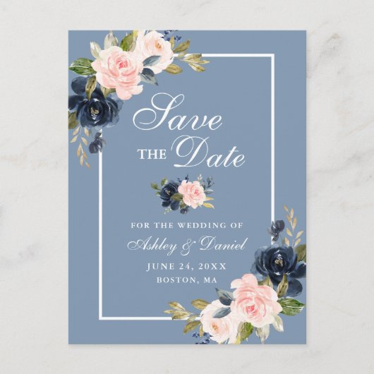 Dusty Blue Pink Blush Floral Save the Date Aankondigingskaart (Voorkant)