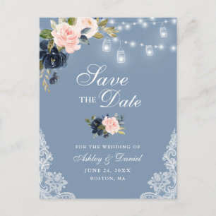 Dusty Blue Pink Blush Floral Save the Date Aankondigingskaart