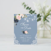 Dusty Blue Pink Blush Floral Save the Date Aankondigingskaart (Staand voorkant)