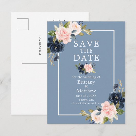 Dusty Blue Pink Blush Floral Save the Date Briefkaart (Voorkant / Achterkant)