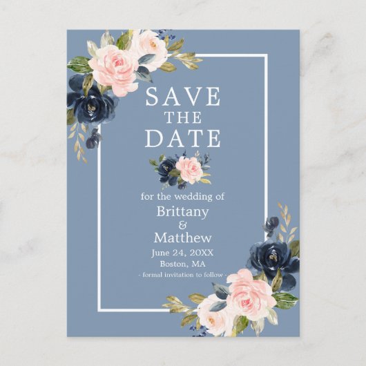 Dusty Blue Pink Blush Floral Save the Date Briefkaart (Voorkant)